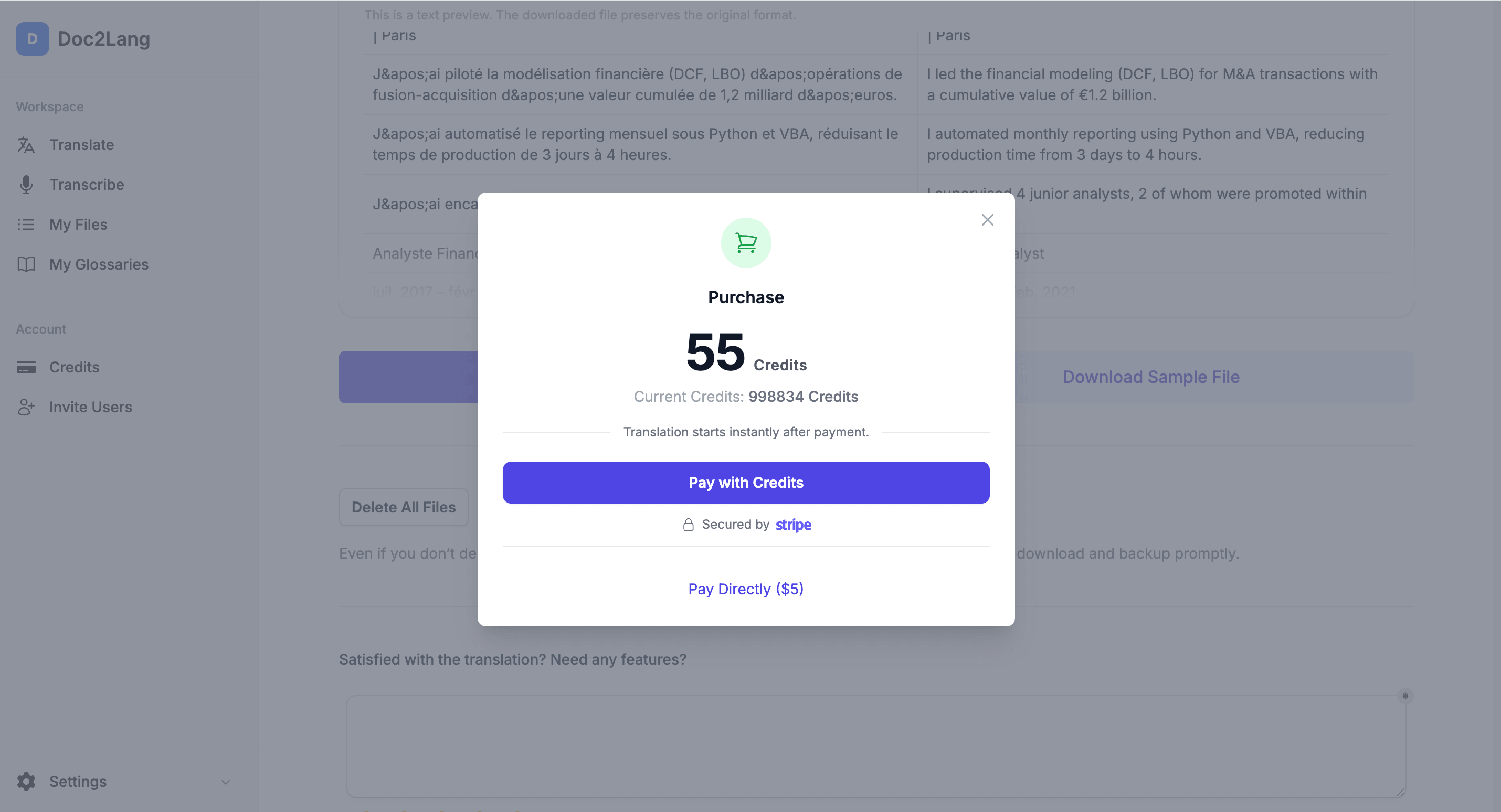 Fenêtre de paiement Doc2Lang : prix à l'usage pour traduire le CV avec Pro