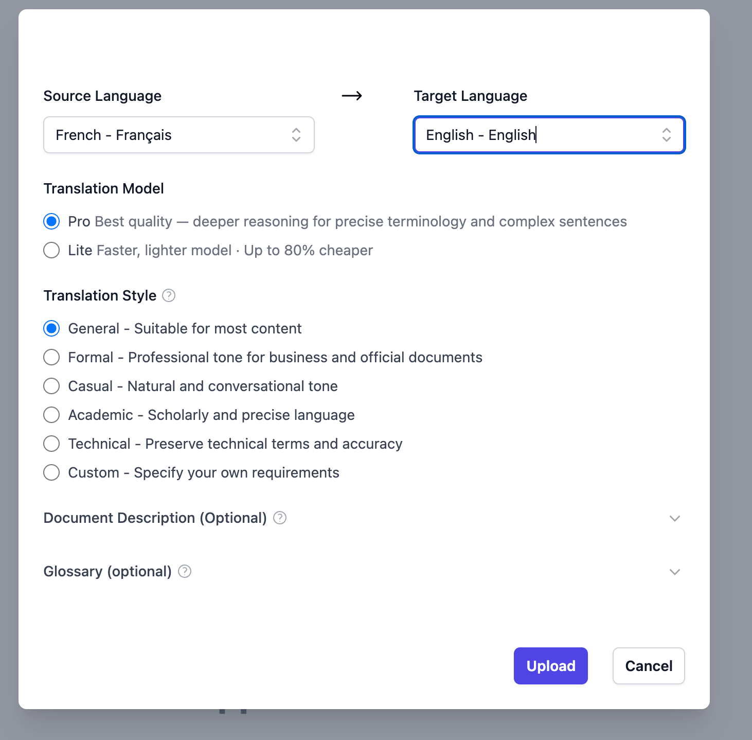Fenêtre d'import Doc2Lang avec le français en langue source et l'anglais en cible, modèle Pro