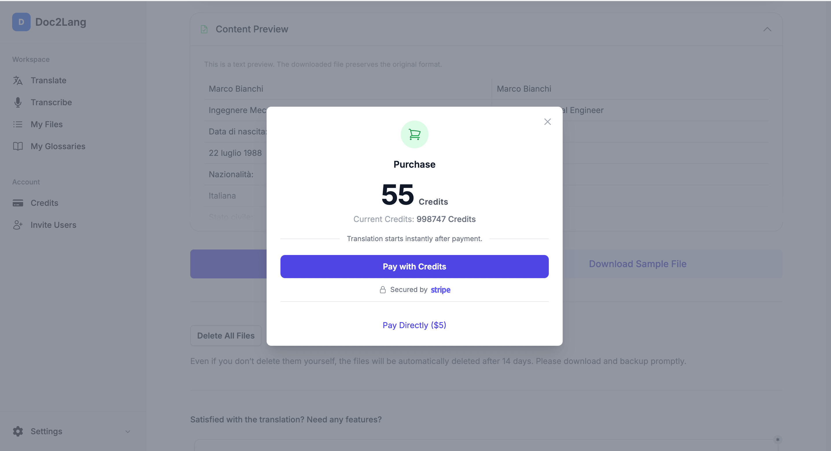 Finestra di pagamento Doc2Lang: prezzo a consumo per tradurre il CV con Pro