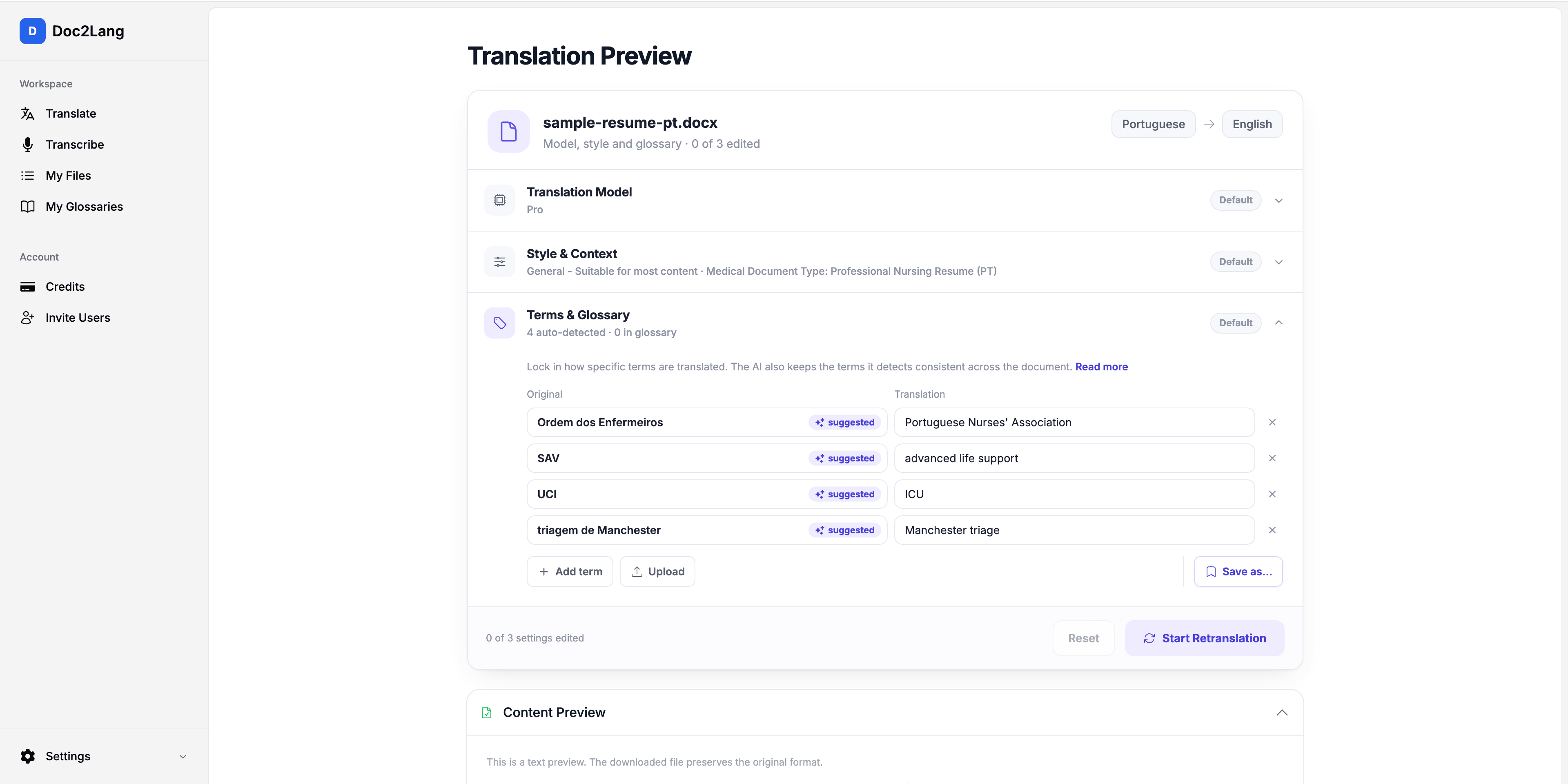 Glossário do Doc2Lang com os termos do currículo detetados automaticamente e a sua versão em inglês
