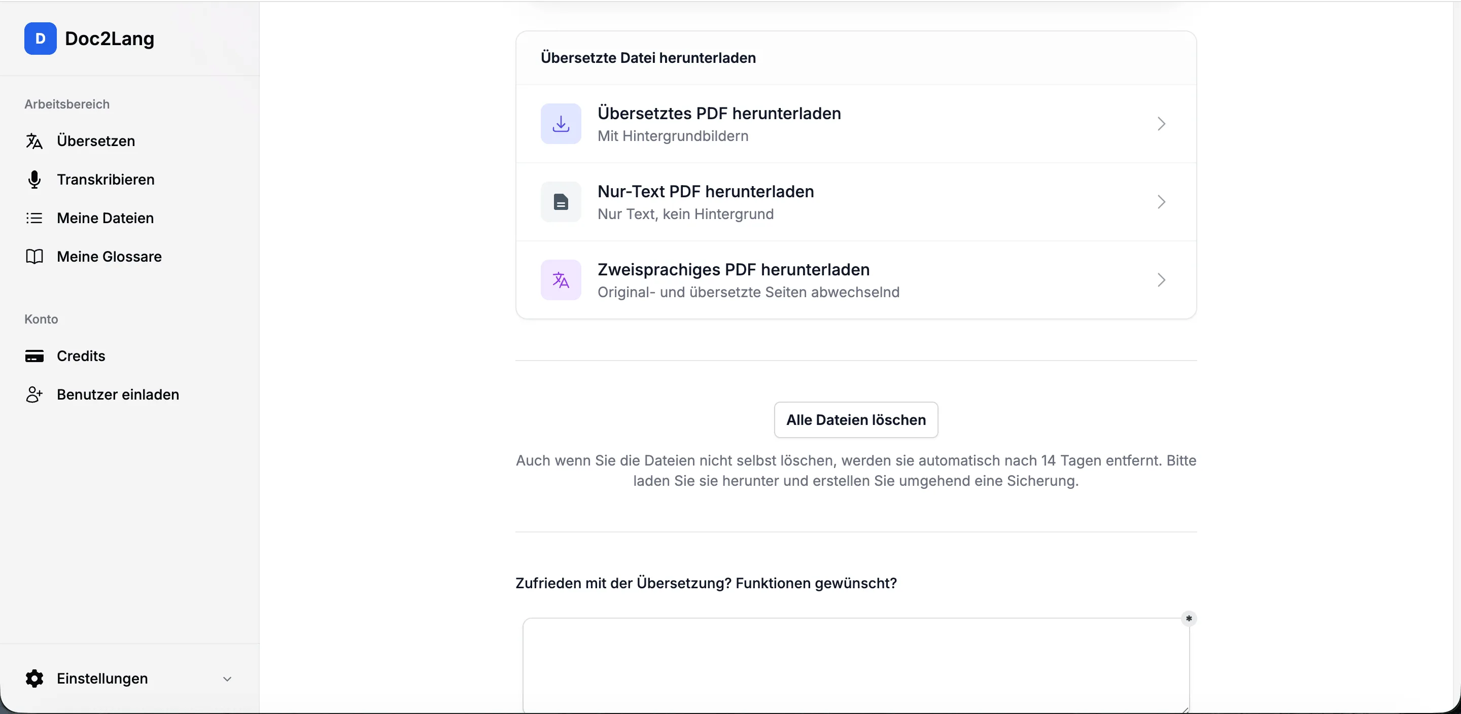 Downloadseite für das übersetzte, reine Text- und zweisprachige PDF