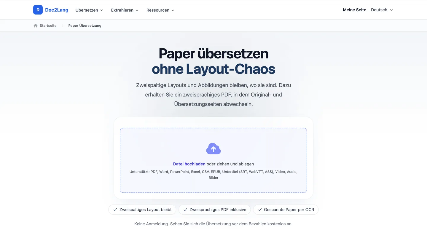 Echte Upload-Seite für wissenschaftliche Paper in der deutschen Doc2Lang-Oberfläche