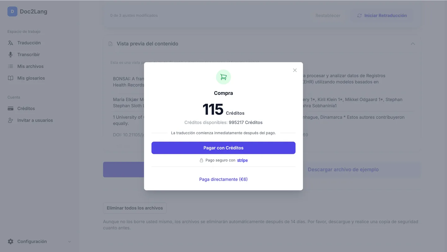 Vista previa real y pantalla de pago de una traducción al español