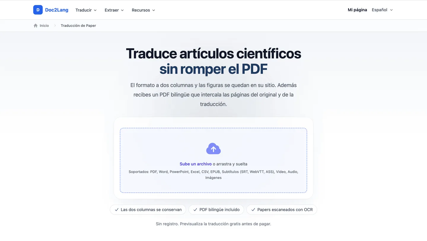 Pantalla real para subir un artículo en la interfaz española de Doc2Lang