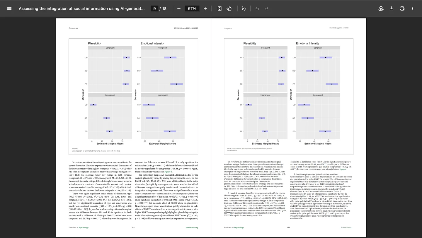 PDF bilingue avec des graphiques en anglais à gauche et leur traduction française à droite