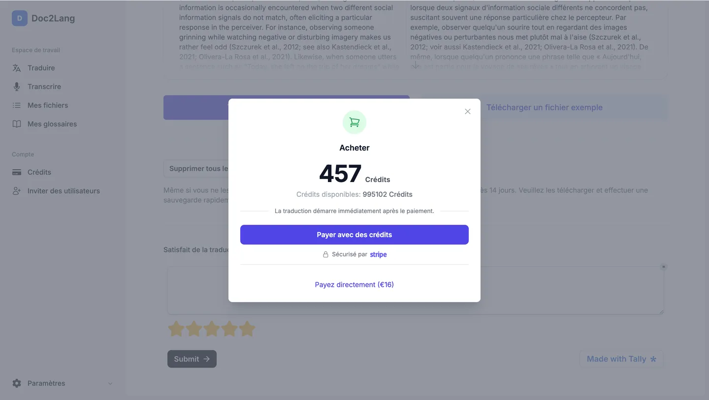 Aperçu réel et fenêtre de paiement d’une traduction en français