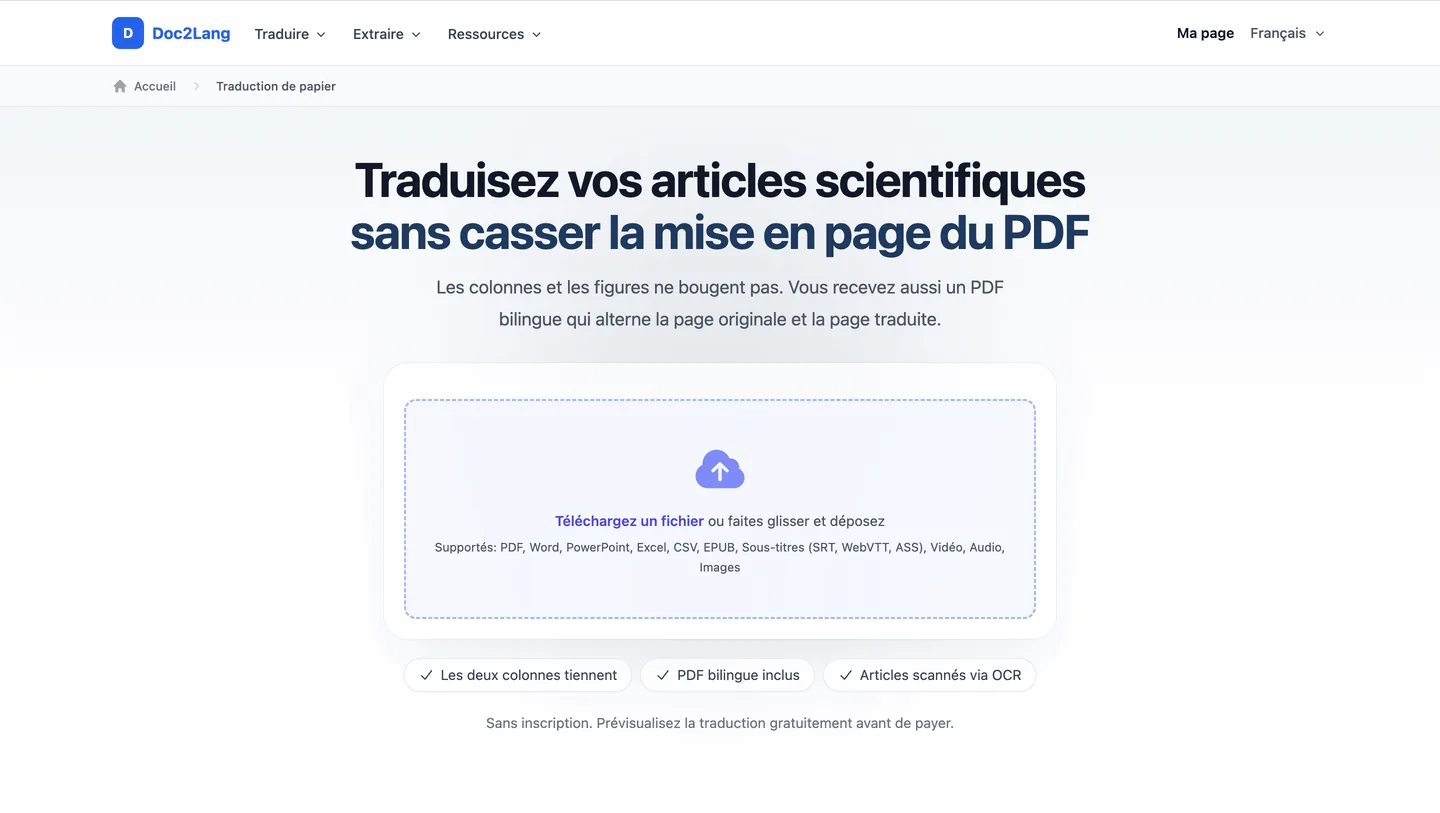 Page réelle d’import d’un article dans l’interface française de Doc2Lang