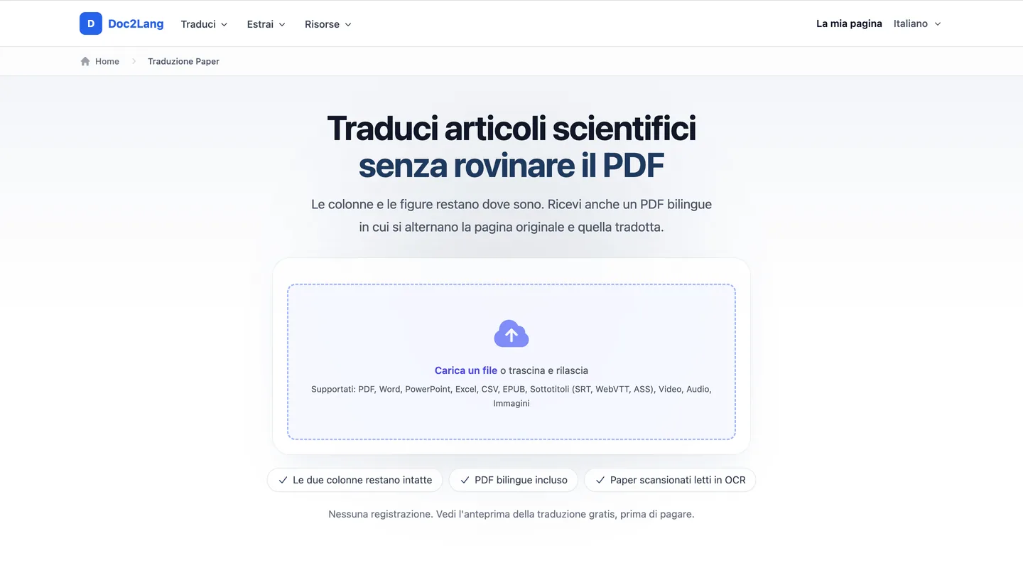 Pagina italiana reale per caricare un articolo da tradurre