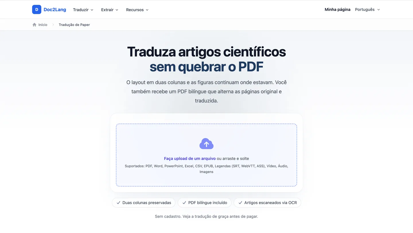 Tela real para enviar um artigo na interface em português do Doc2Lang