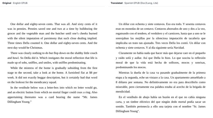 The opening page of The Gift of the Magi in the original English EPUB and in the Spanish EPUB, shown in the same reader at the same font size