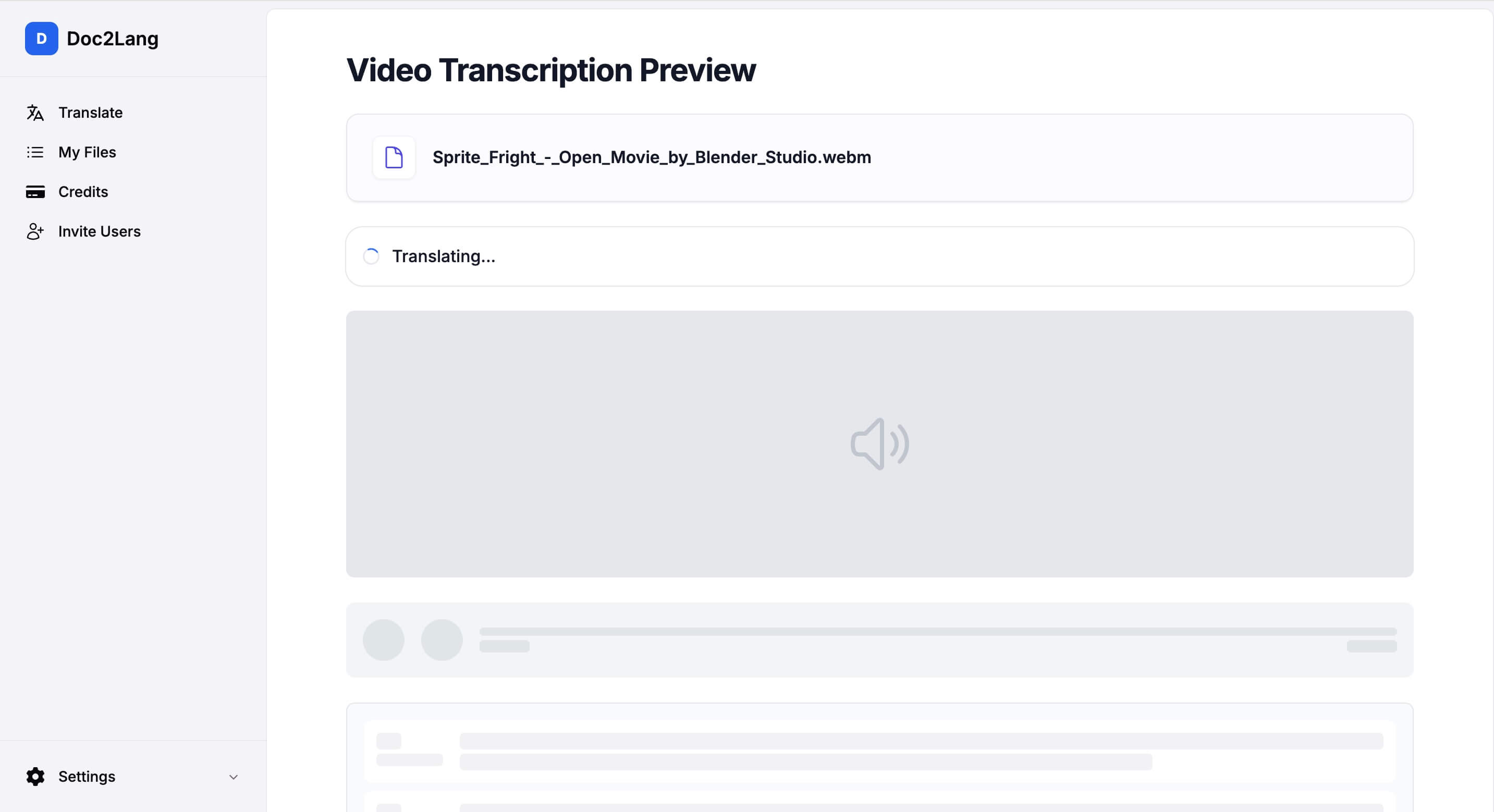 Doc2Lang video transcription preview page while subtitle content is still processing