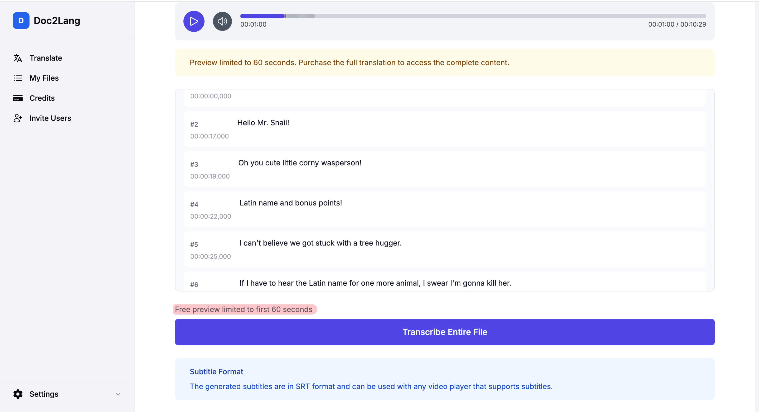 Doc2Lang purchase dialog showing Pay with Credits and Pay Directly options