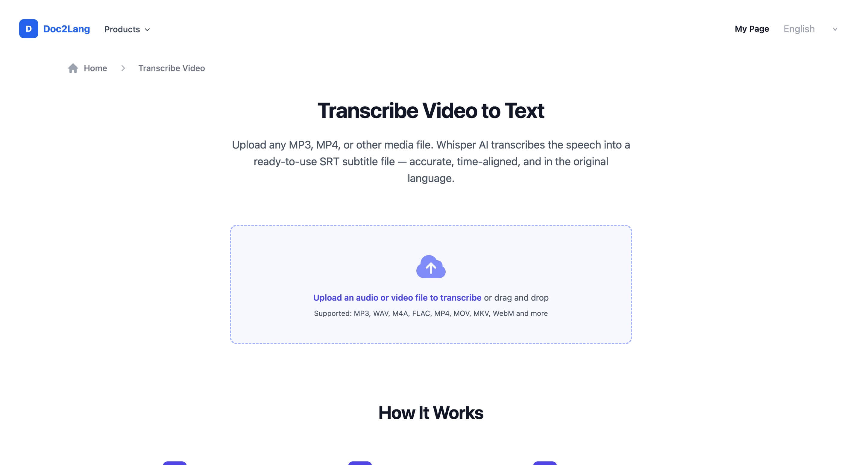 Doc2Lang Transcribe upload page with drag-and-drop area for audio and video files