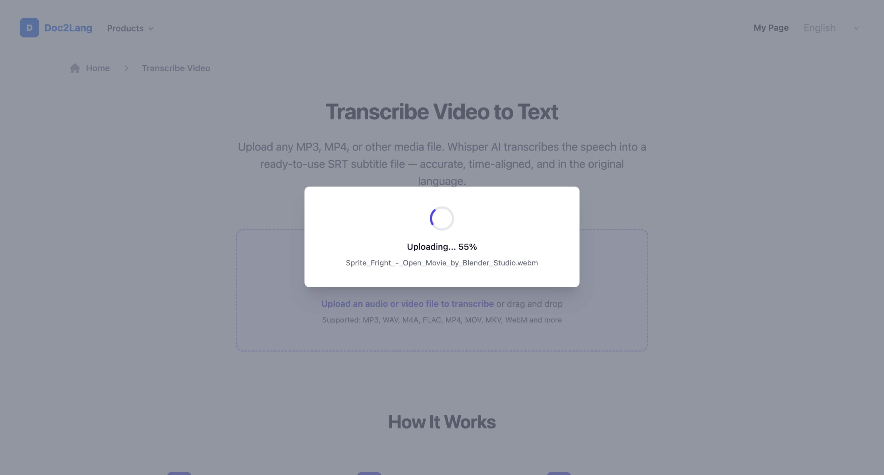 Uploading progress modal in Doc2Lang while a video file is being uploaded for transcription
