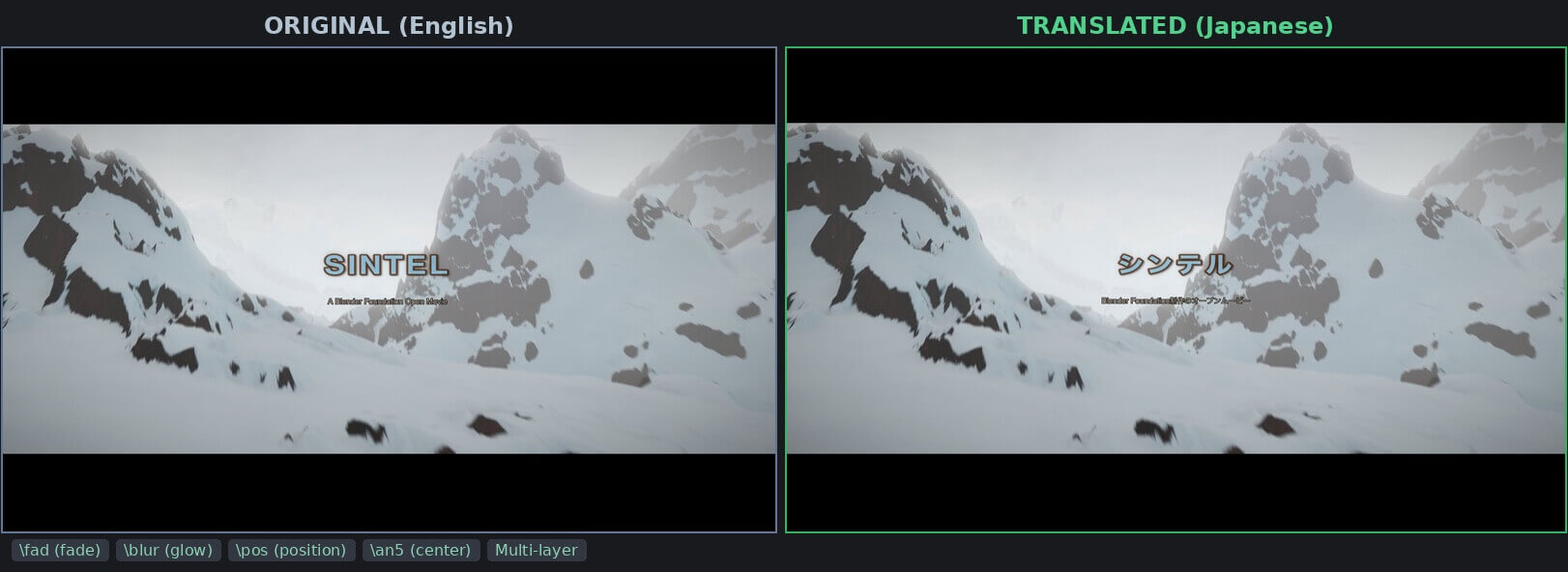 Comparison: SINTEL title with multi-layer glow effect preserved after translation