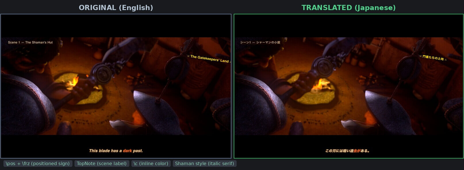 Comparison: Scene 1 showing positioned sign, scene label, and colored dialogue all preserved