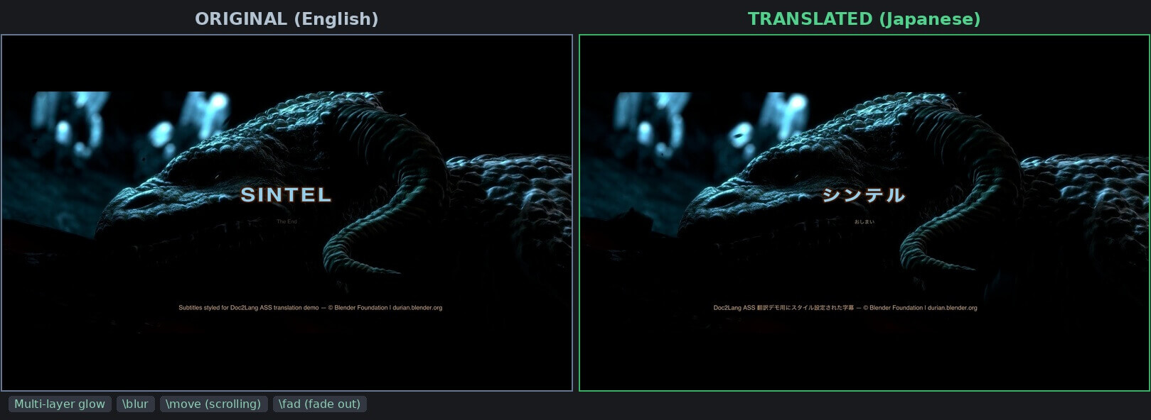 Comparison: End title with multi-layer glow and scrolling credits preserved