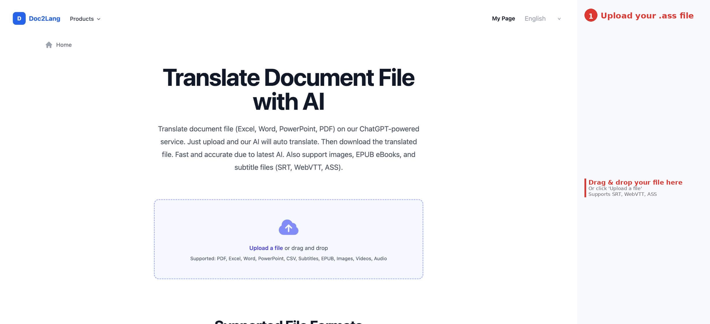 Step 1: Drag and drop your .ass file into the upload area on Doc2Lang