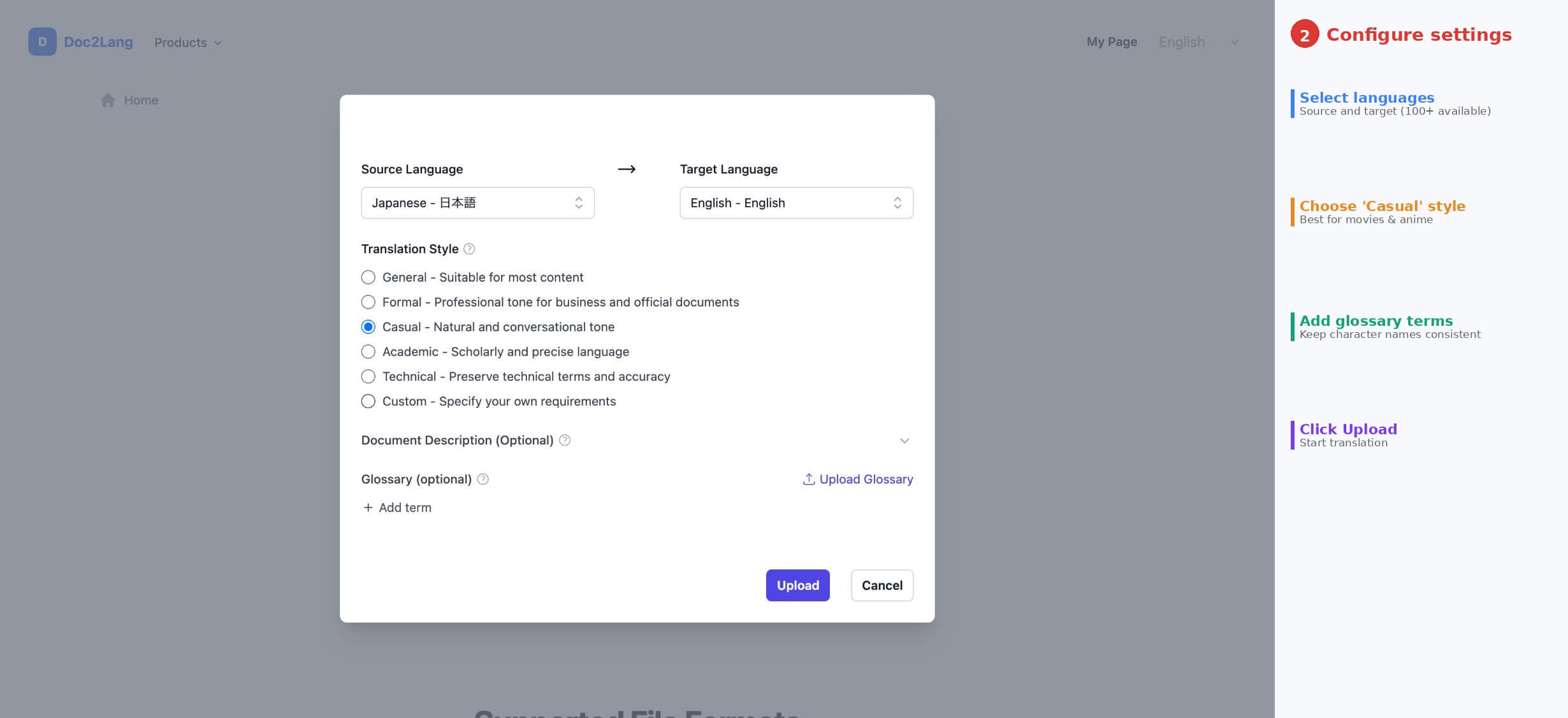 Step 2: Select source and target languages, choose a translation style, and optionally add a glossary