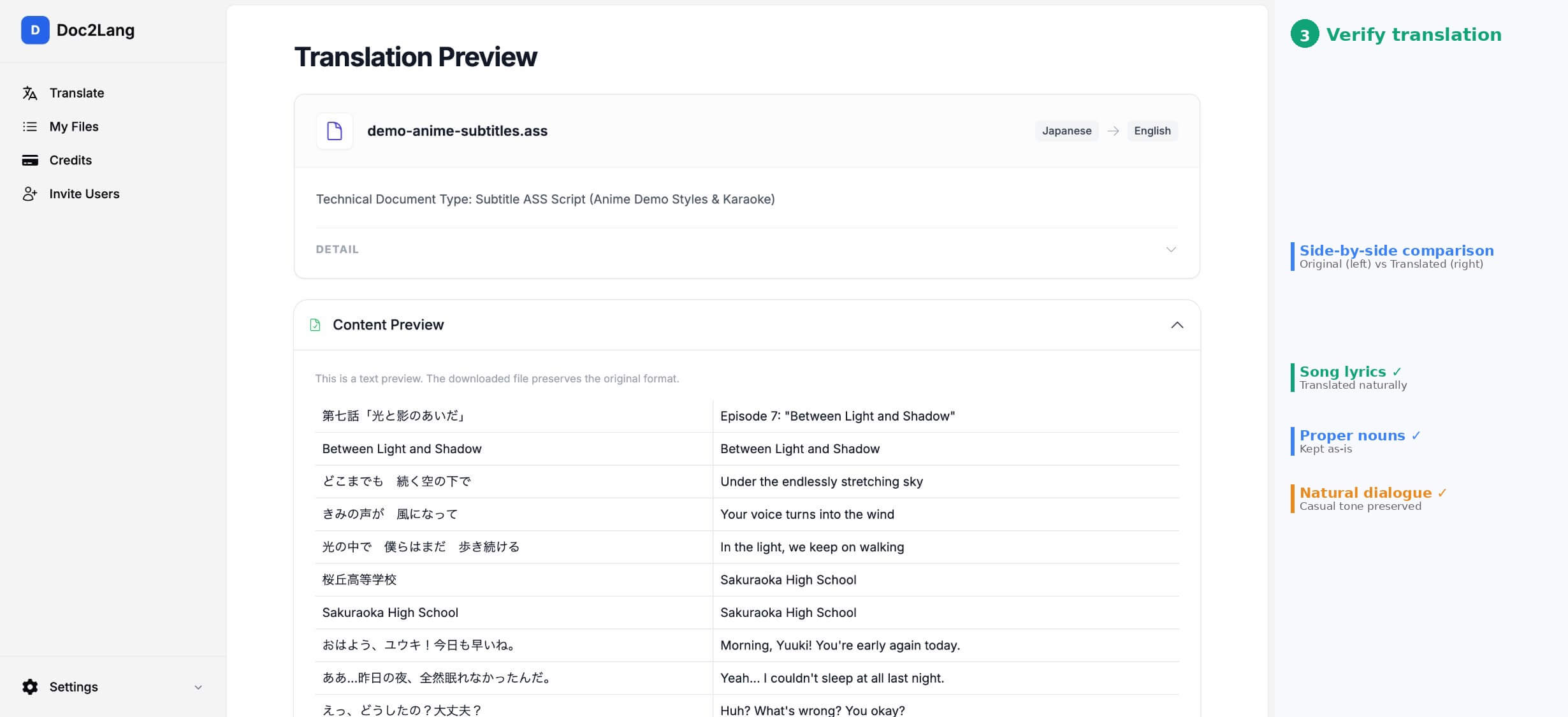 Expanded Content Preview showing original and translated text side by side