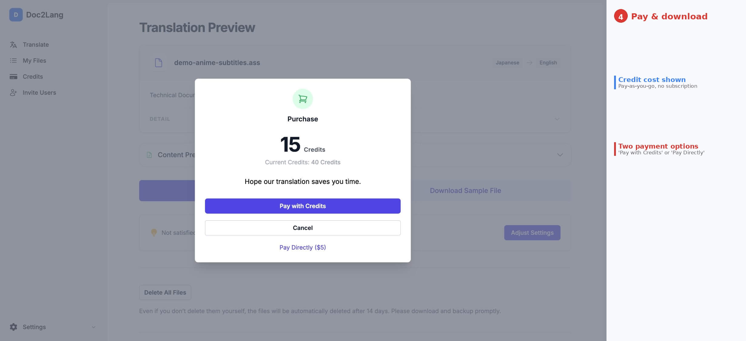 Step 4: Purchase dialog showing credit cost and payment options