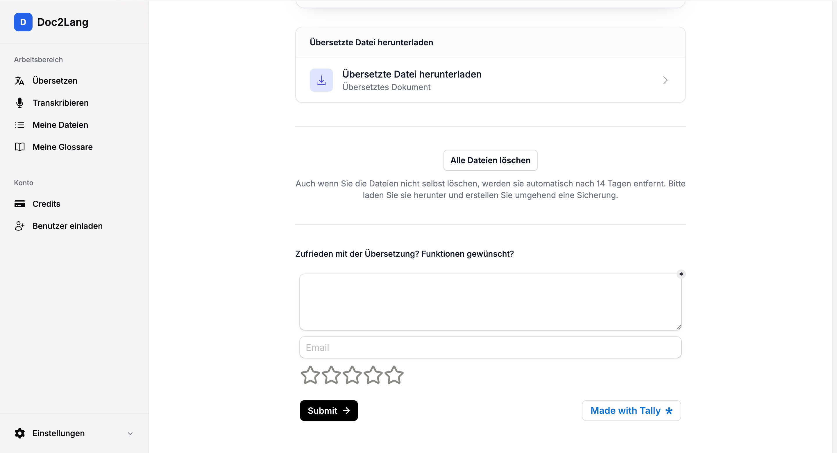 Download der übersetzten Excel-Datei und automatische Löschung nach 14 Tagen