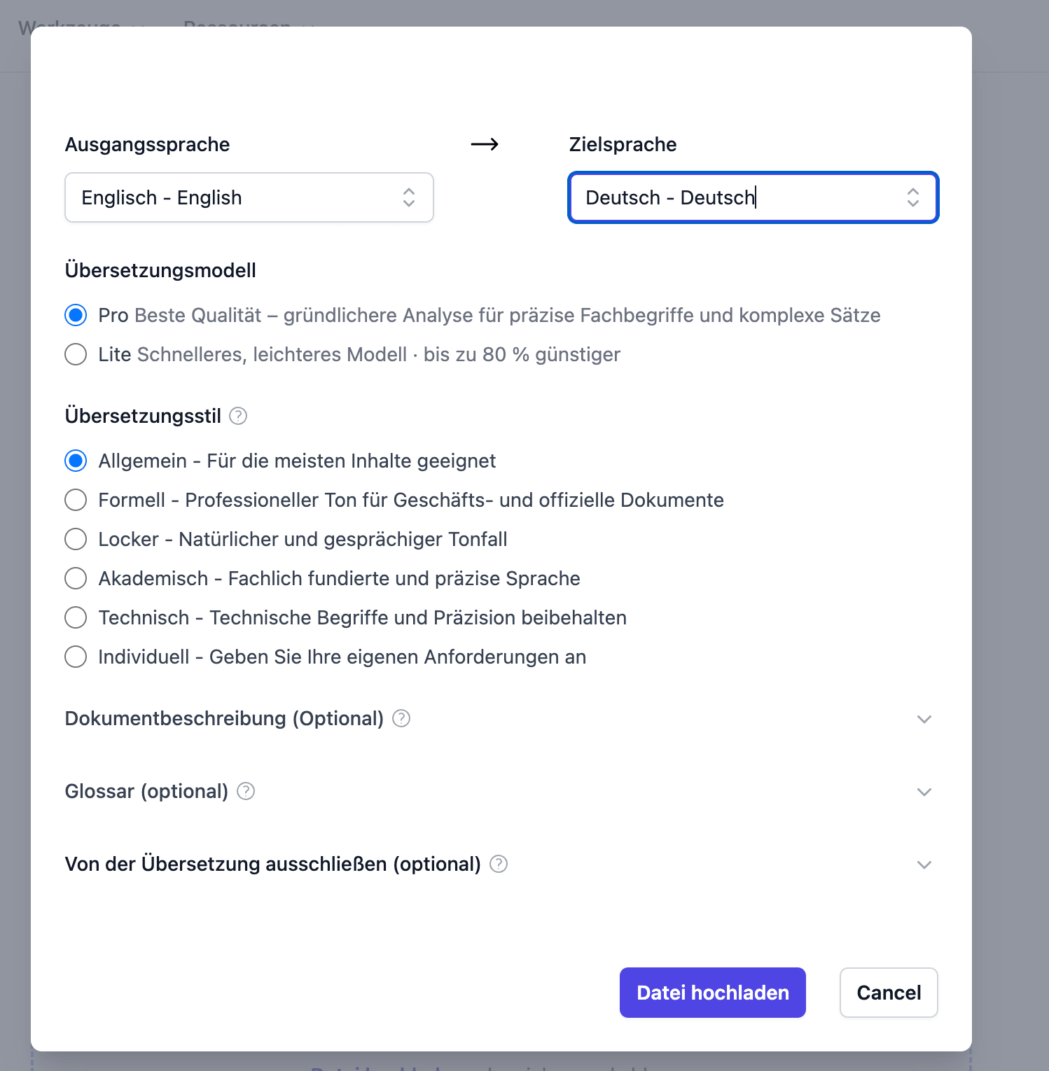Upload-Fenster von Doc2Lang, um einen Excel-Jahresabschluss von Englisch nach Deutsch zu übersetzen, Modell Pro ausgewählt