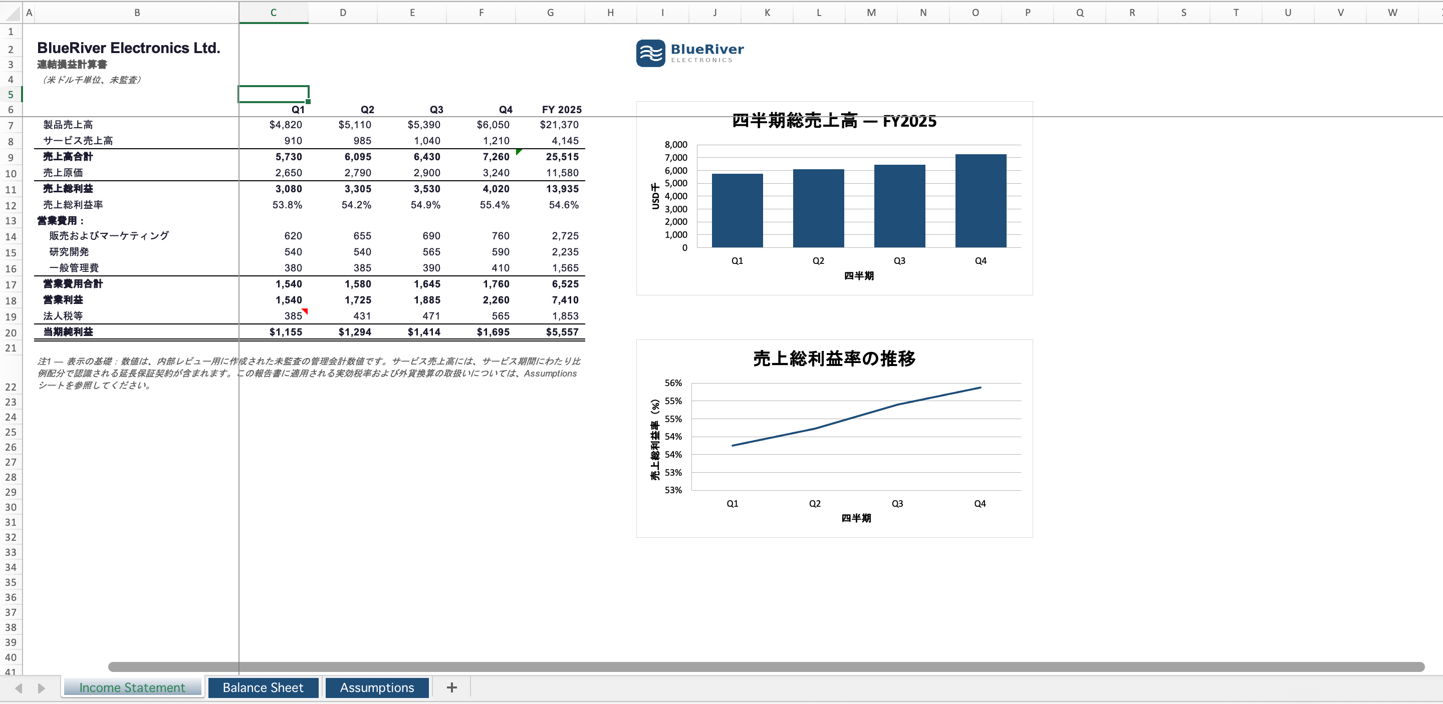The income statement translated into Japanese, layout and charts preserved