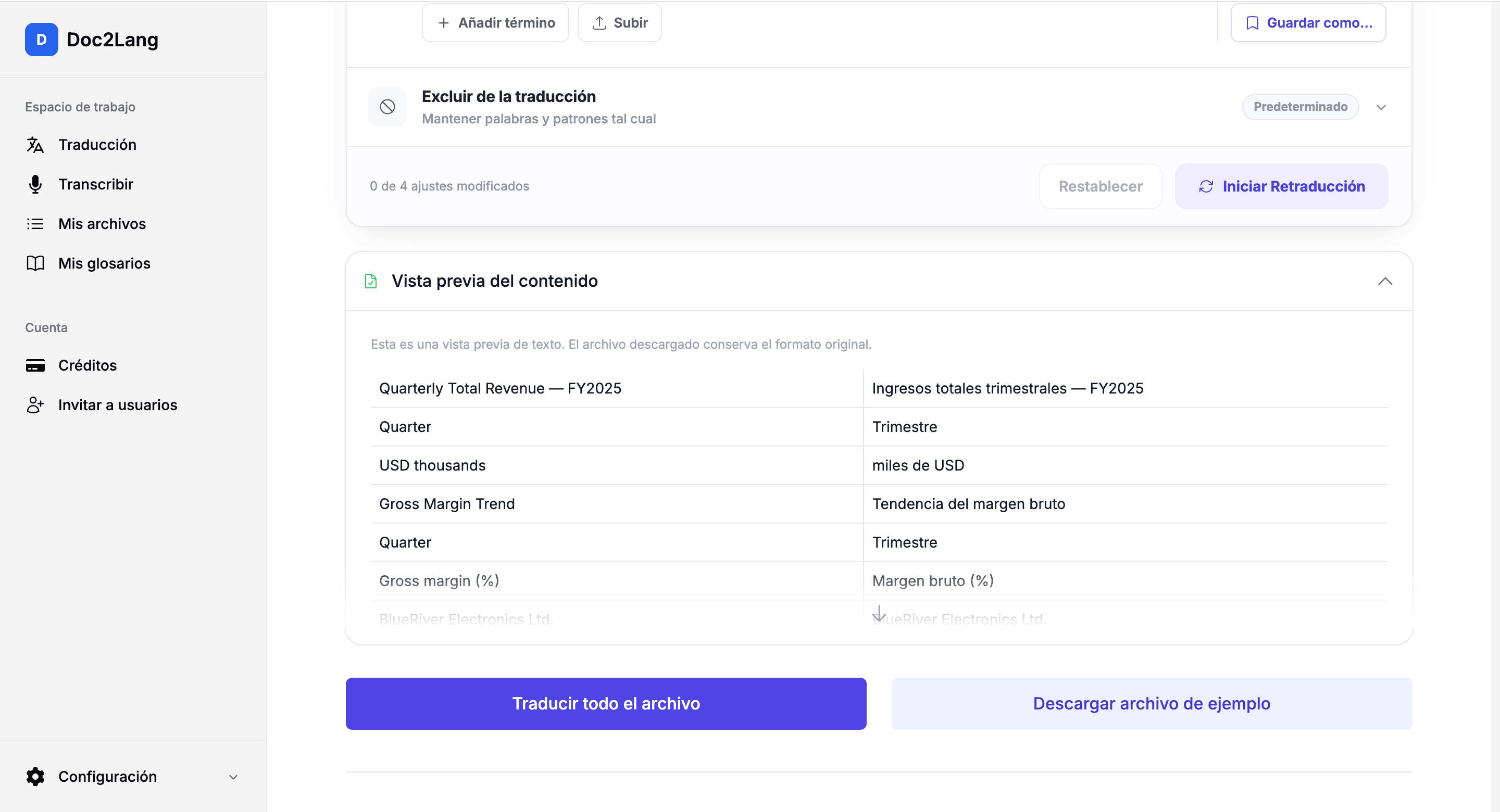 Vista previa gratuita en paralelo inglés / español de los estados financieros en Excel y de los términos detectados