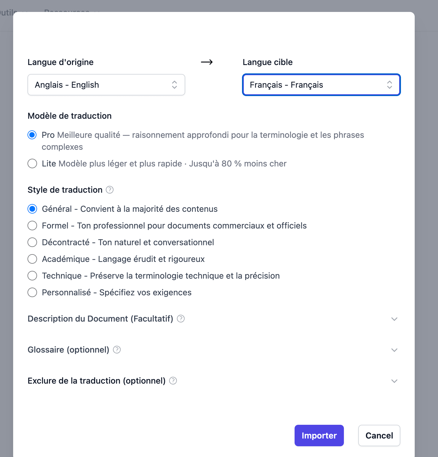 Fenêtre d'import de Doc2Lang pour traduire des états financiers Excel de l'anglais vers le français, modèle Pro sélectionné