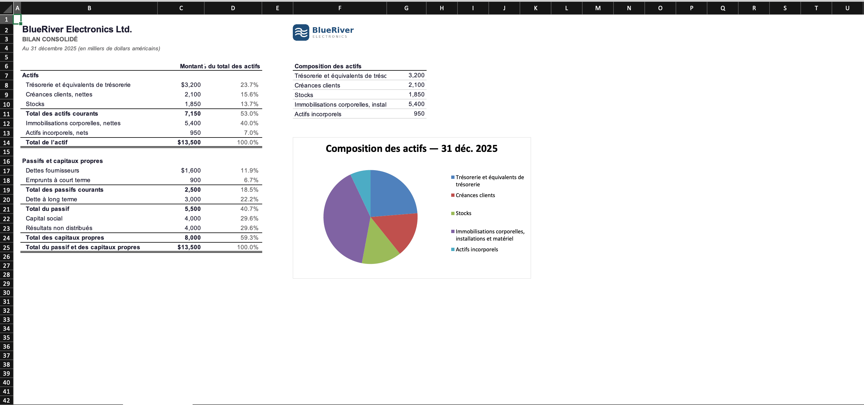 Bilan consolidé traduit en français, diagramme circulaire et pourcentages conservés