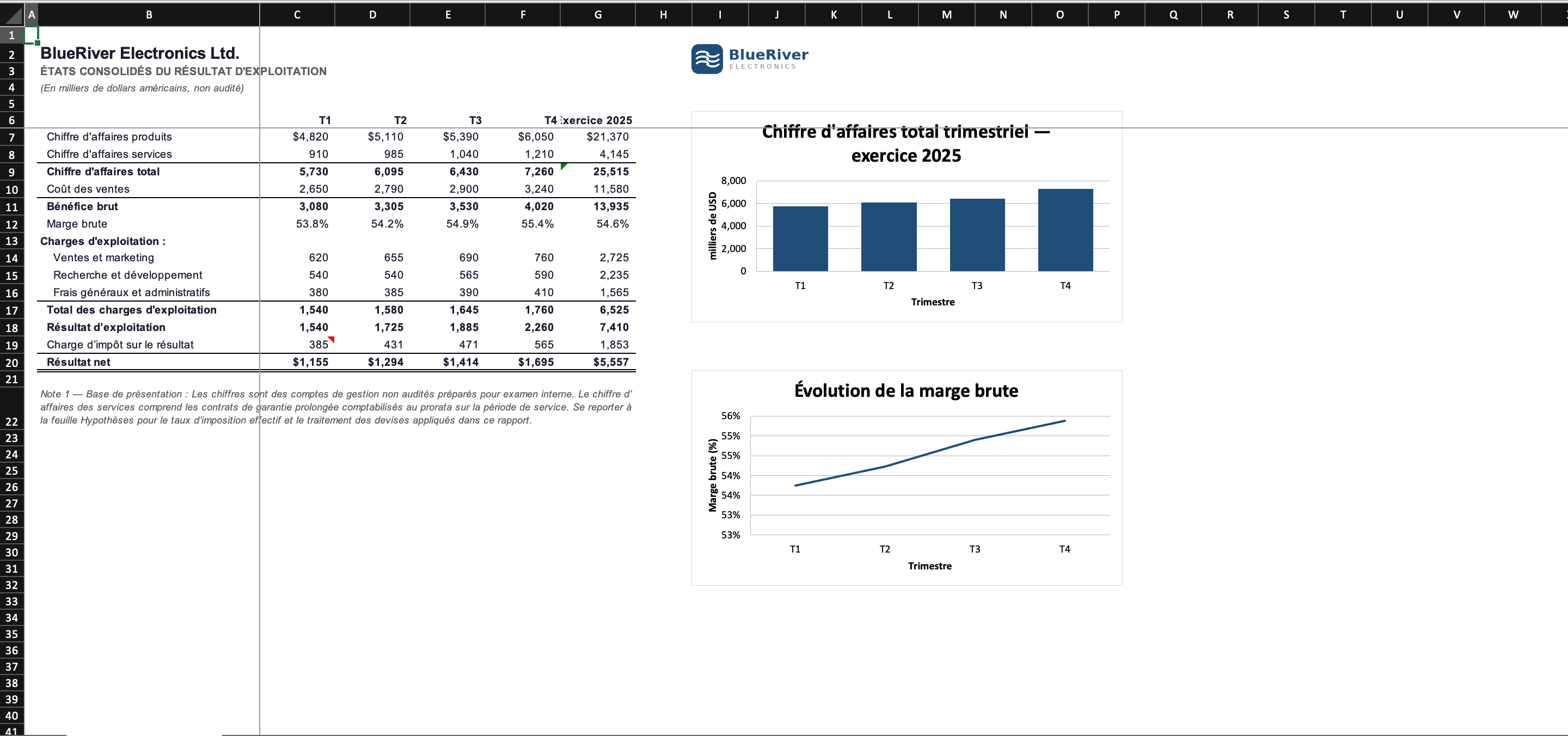 Compte de résultat consolidé traduit en français, graphiques et formules conservés dans Excel