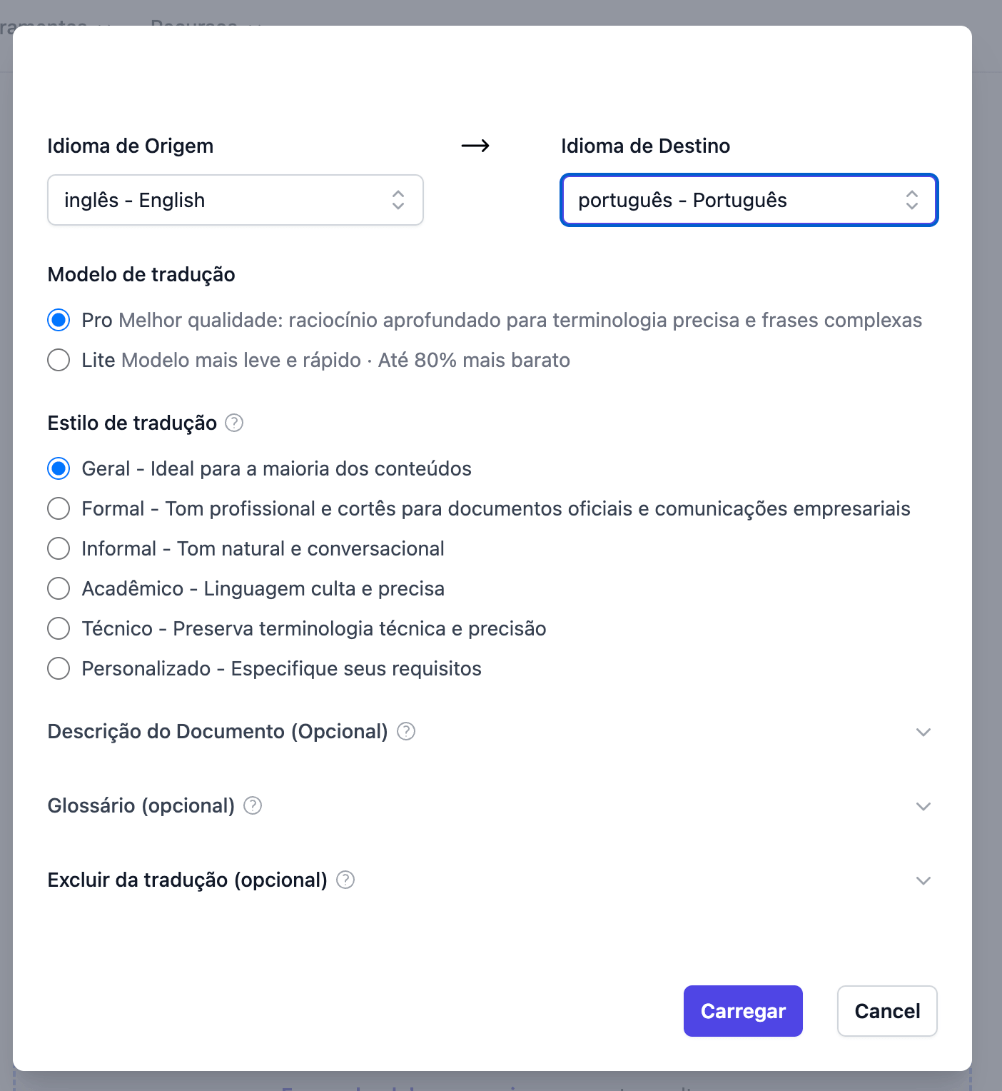 Janela de envio do Doc2Lang para traduzir demonstrações financeiras Excel do inglês para o português, com o modelo Pro selecionado