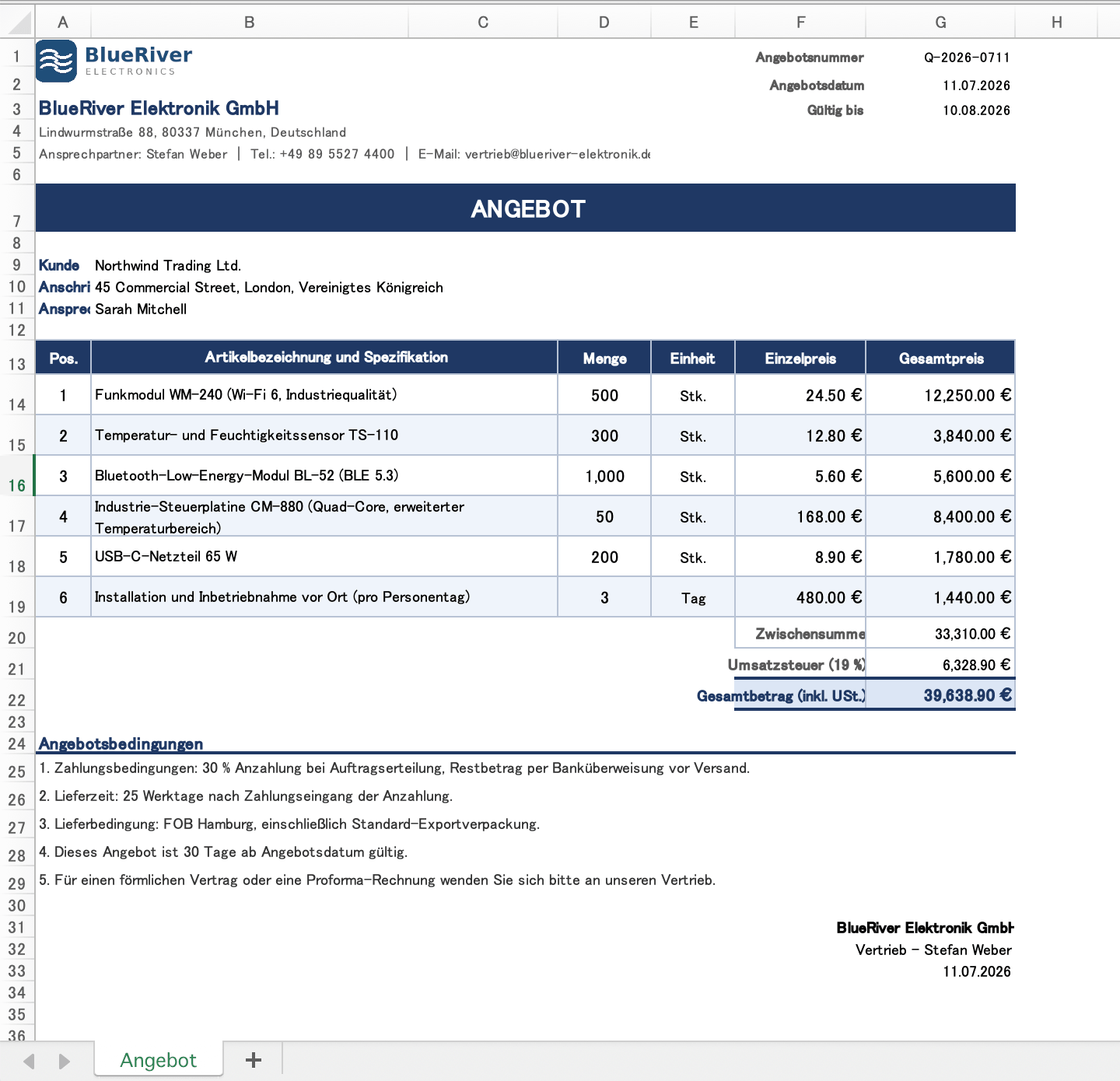 Deutsches Angebot in Excel vor der Übersetzung, mit ANGEBOT-Titelzeile, sechs Positionen, Umsatzsteuer- und Summenformeln sowie den Bedingungen