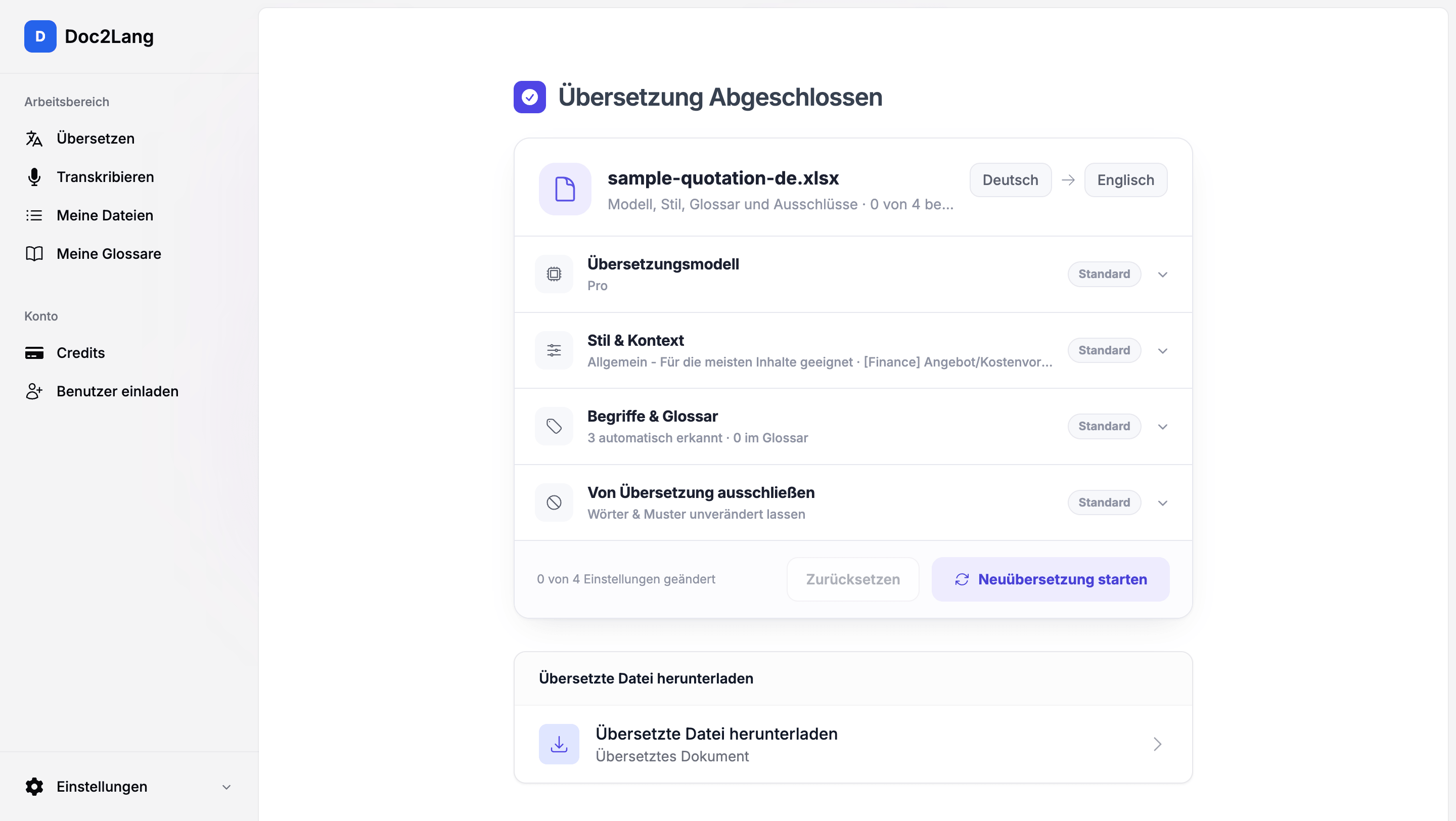 Die Abschlussseite von Doc2Lang mit dem verwendeten Modell, dem Stil und der Zahl erkannter Begriffe sowie dem Download der übersetzten Datei