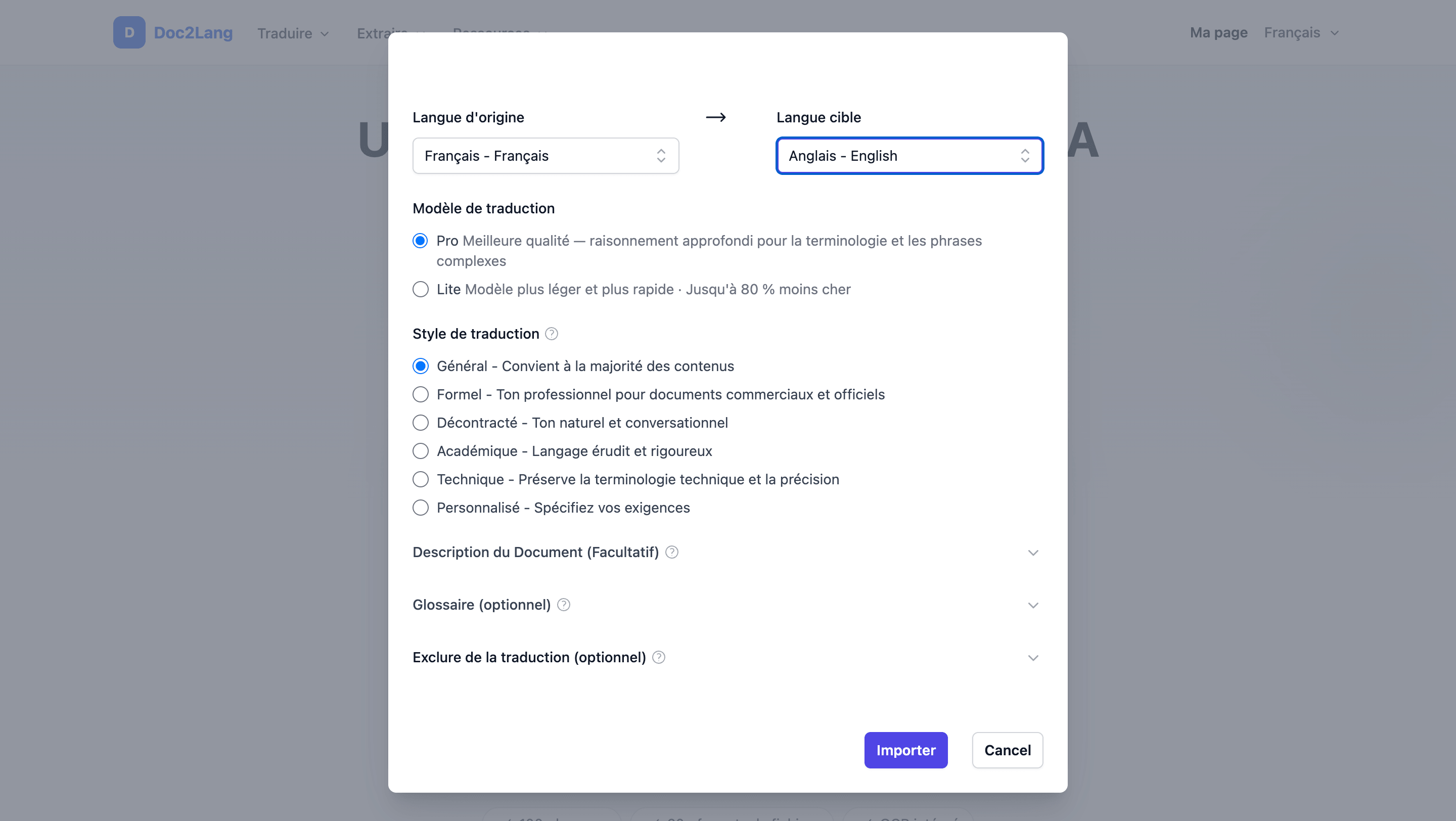 La fenêtre d'envoi de Doc2Lang avec le français en langue source et l'anglais en langue cible, les modèles Pro et Lite, le style de traduction et le glossaire