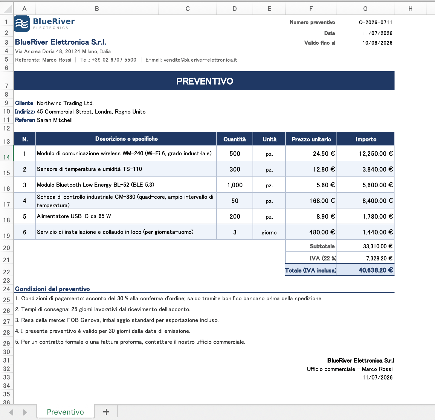 Preventivo italiano in Excel prima della traduzione, con la barra del titolo PREVENTIVO, sei righe, le formule di IVA e totale e il blocco delle condizioni