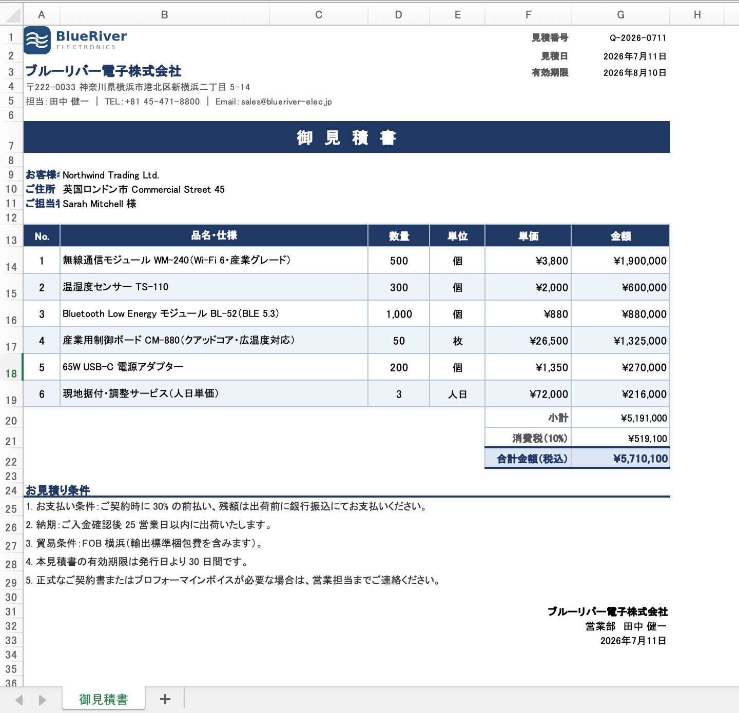 英訳前の日本語見積書のExcel画面。濃紺の見出し行、6行の品目、消費税と合計の数式、見積条件が含まれる