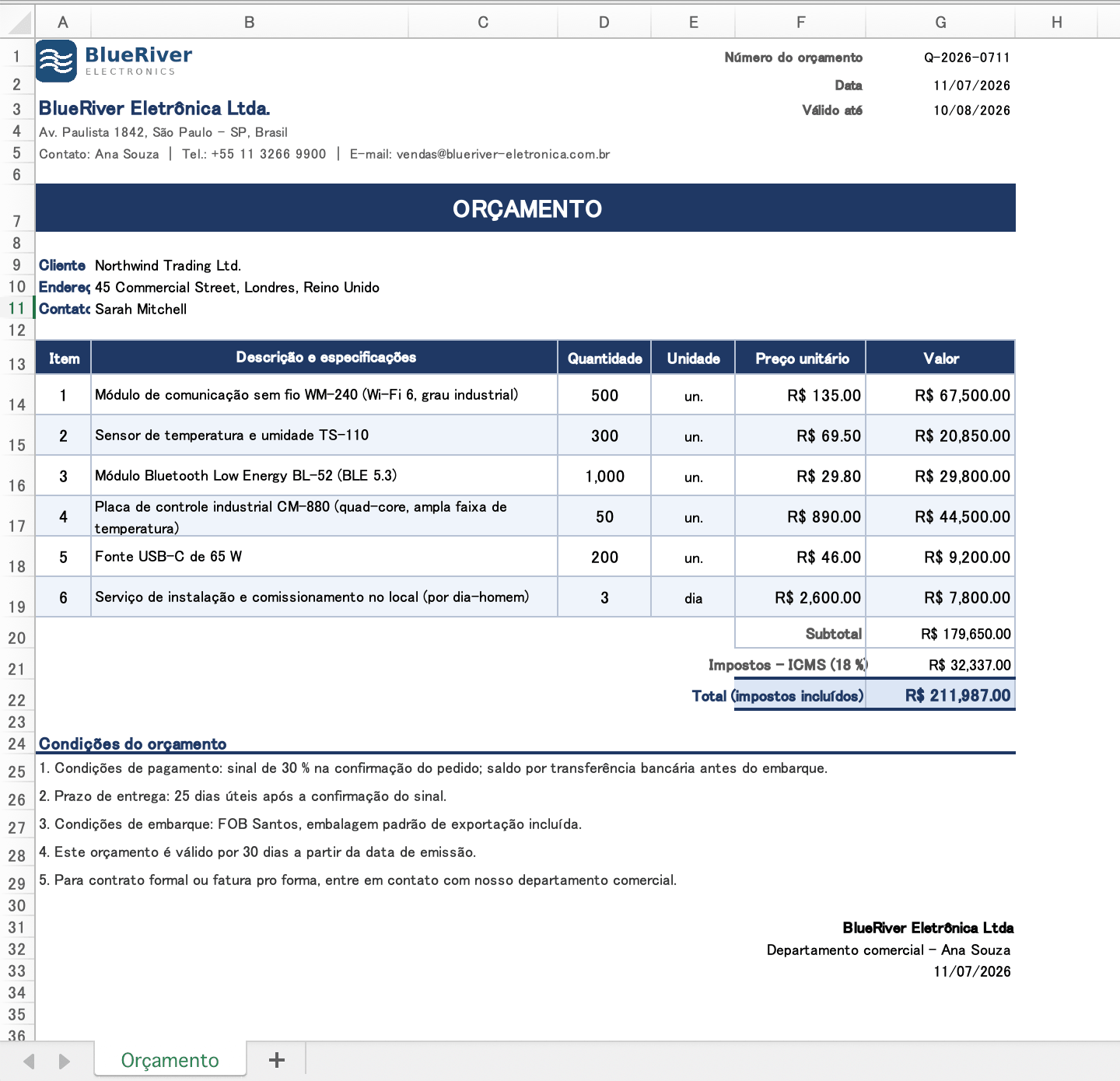Orçamento em português no Excel antes da tradução, com a barra de título ORÇAMENTO, seis linhas, as fórmulas de ICMS e total, e o bloco de condições