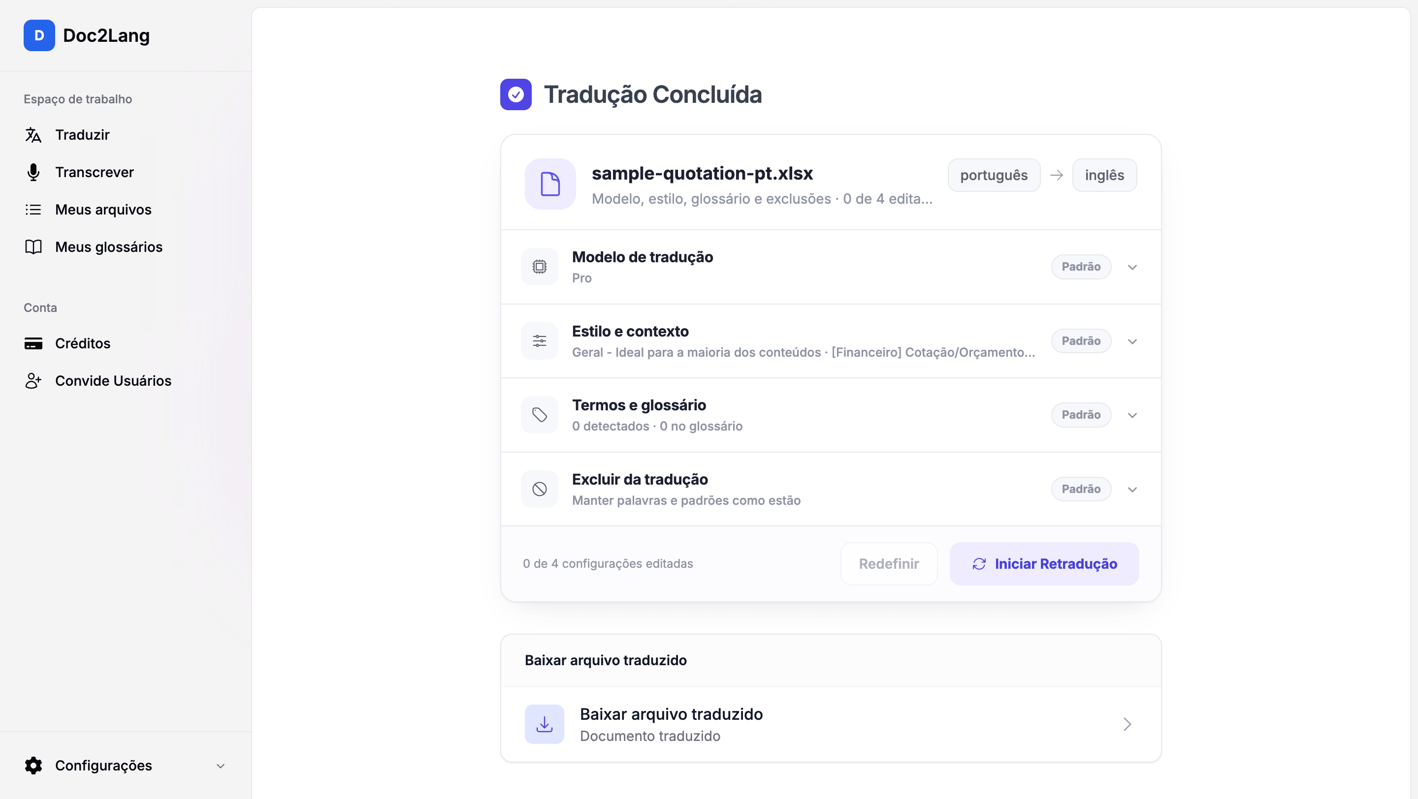 A tela final do Doc2Lang com o modelo e o estilo usados, o número de termos reconhecidos e o download do arquivo traduzido