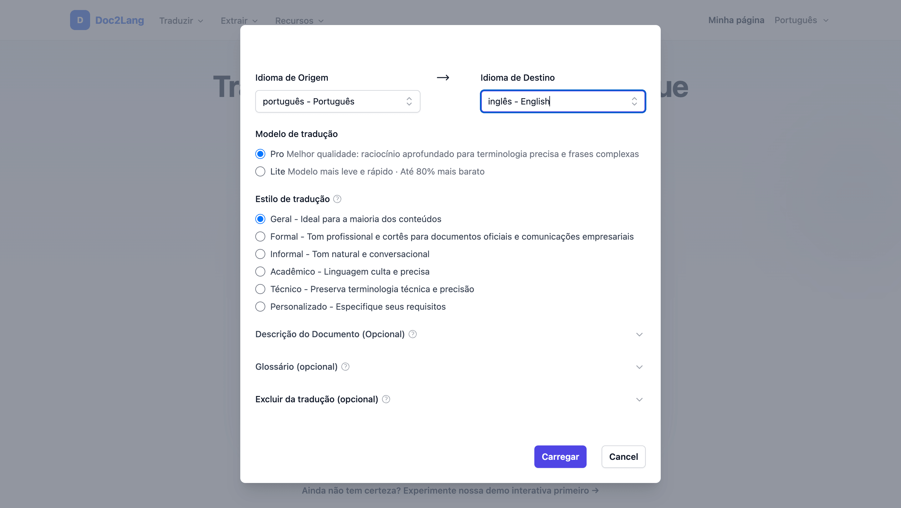 A janela de upload do Doc2Lang com português como idioma de origem e inglês como destino, os modelos Pro e Lite, o estilo de tradução e o glossário