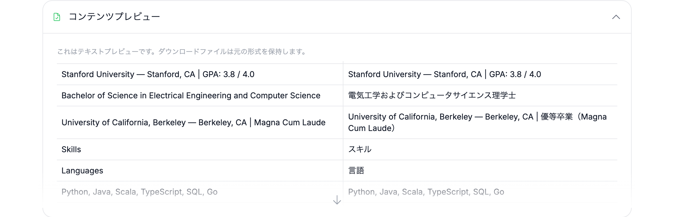 翻訳プレビュー画面。Word文書の原文と訳文が段落ごとに左右に並んで表示されている